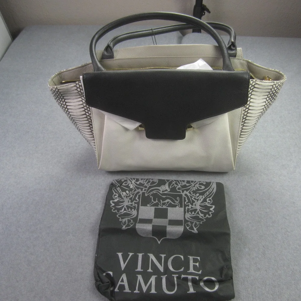 Vince Camuto Julia Satchel Handbag White Black Snake Leather Purse‎ NWT